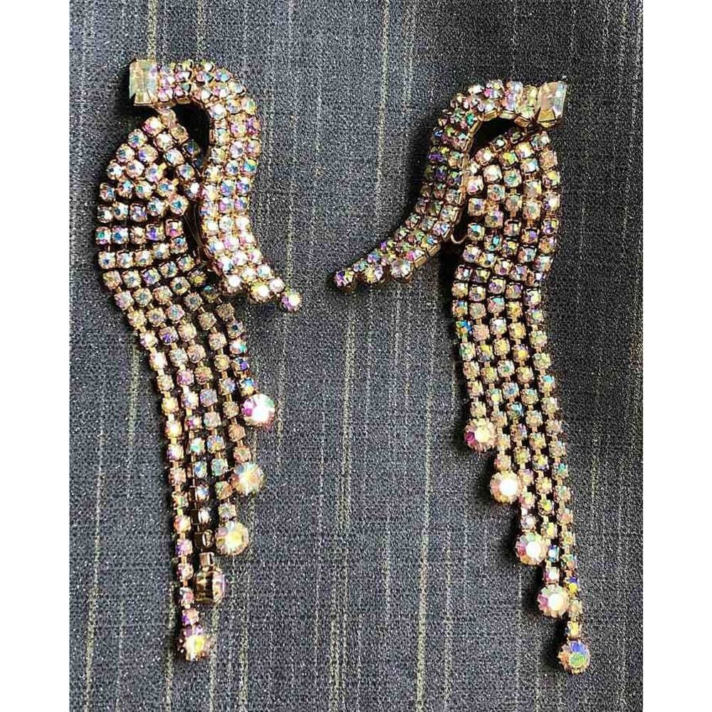 Glamorous Vintage Aurora Borealis Rhinestone Long Tassel Clip Earrings